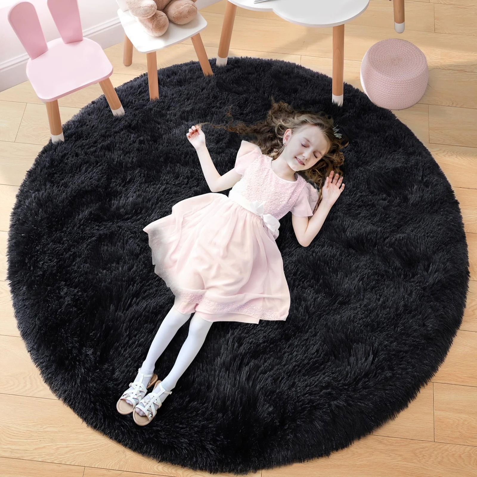 Ultra Soft Fluffy Round Rug | Shaggy Faux Fur Area Rug For Bedroom & Nursery white 120cm