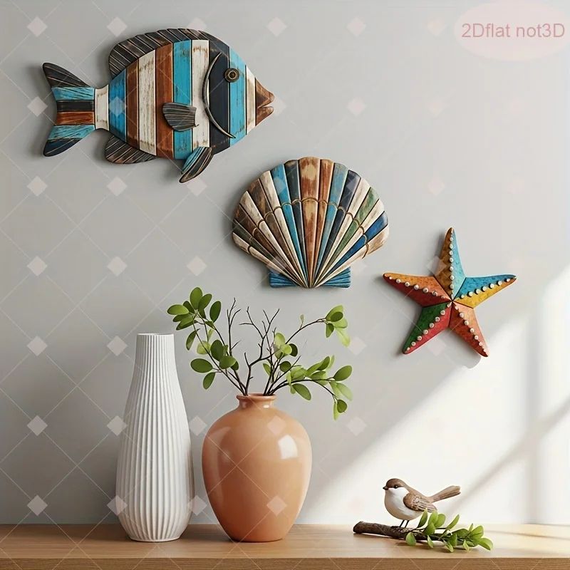 Colorful Ocean Wooden Decor Set Fish Shell Starfish 2 Sets