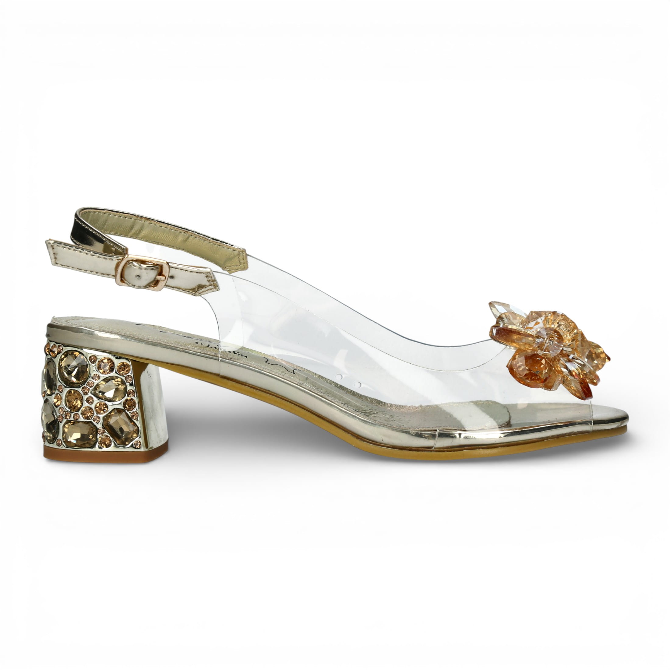 Laura Vita Damen-Sandalen Mily-22, durchsichtig, golden, zum Hineinschlüpfen, Cinderella-Absatz