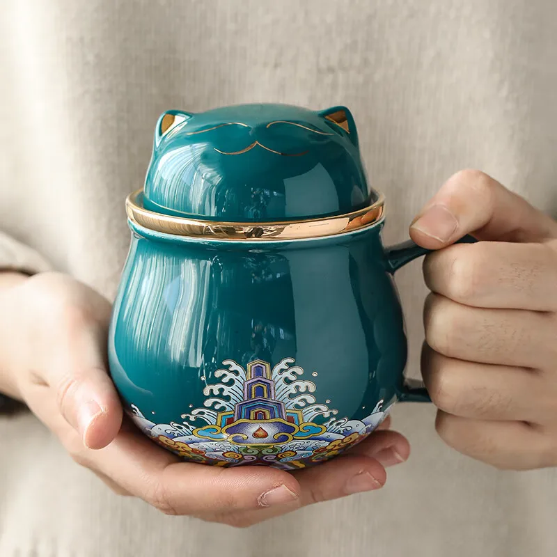 Tazza da Ufficio in Ceramica a Forma di Gatto Portafortuna, Tazza per Tè con Separazione Acqua e Infuso, con Coperchio e Filtro, Tazza da Caffè a Forma di Animale