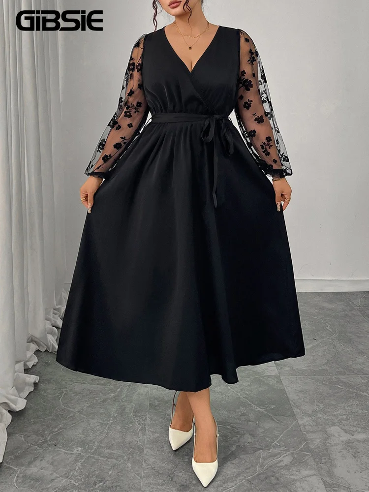 GIBSIE Plus Size Elegante scollo a V Manica a rete Abito con cintura Donna 2025 Autunno Vita alta Nero A-line Abiti lunghi da sera per feste
