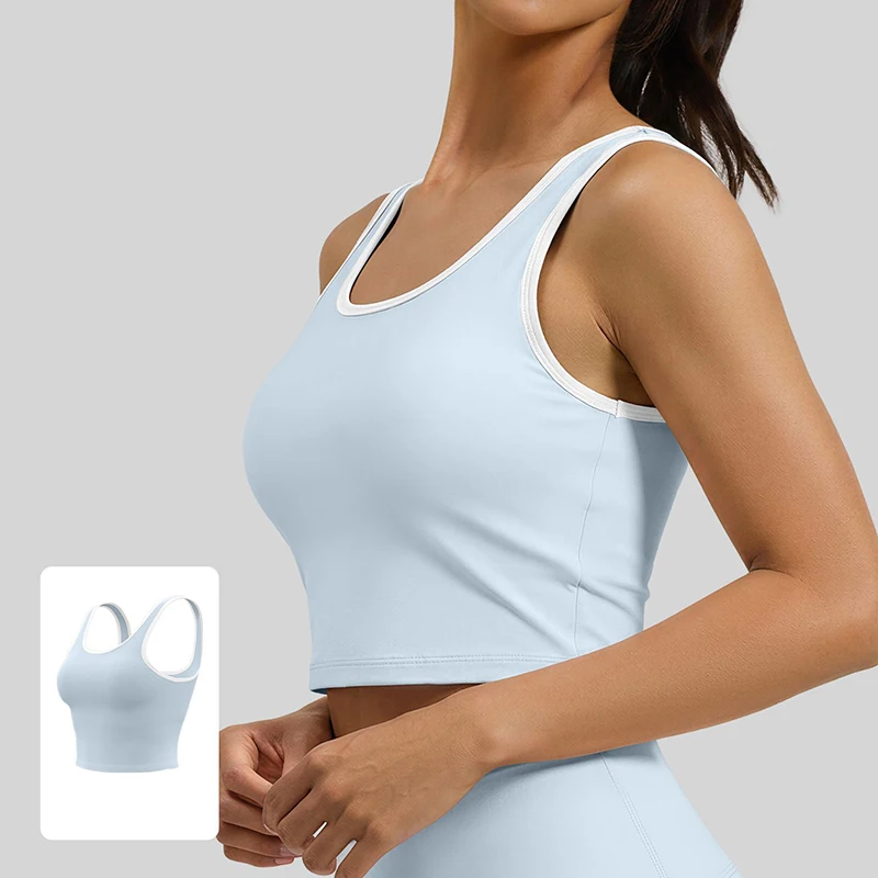 2026 Damen 2-in-1 Yoga Tanktop mit Festsitzenden Brustpolstern, Farbblock-Racerback Sport-BH, Feuchtigkeitsableitender Lauf- und Fitness-Yoga-BH Image