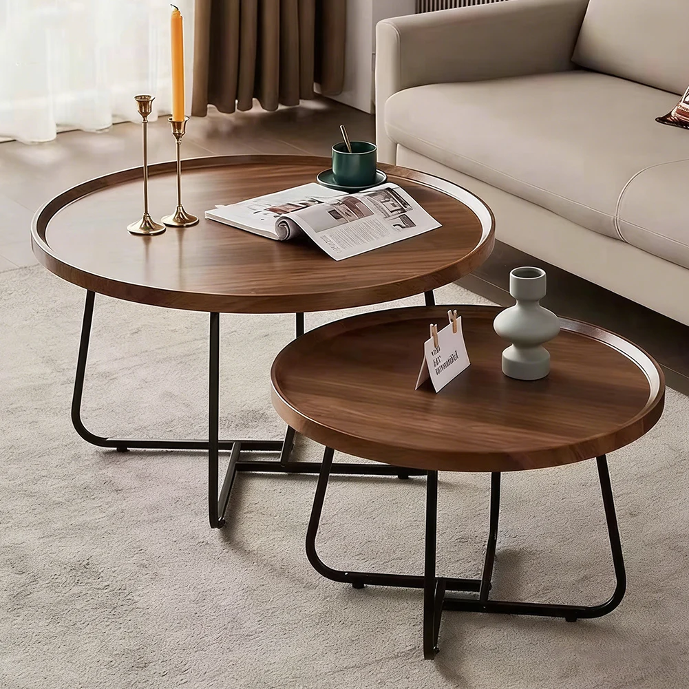 Set aus 2 runden Couchtischen, Vintage-Beistelltischen im Mid-Century-Stil mit erhöhtem Rand, Wohnzimmer- und Balkonmöbel Image