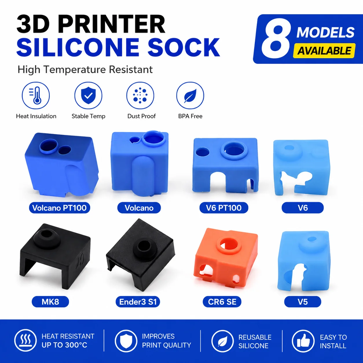 3/5/10 Stück Hotend Silikonsocken für E3d V6 V5 Volcano PT100 Ender3 S1 CR10 MK8 CR6 SE 3D-Drucker Silikonhüllen für Heizblock Image