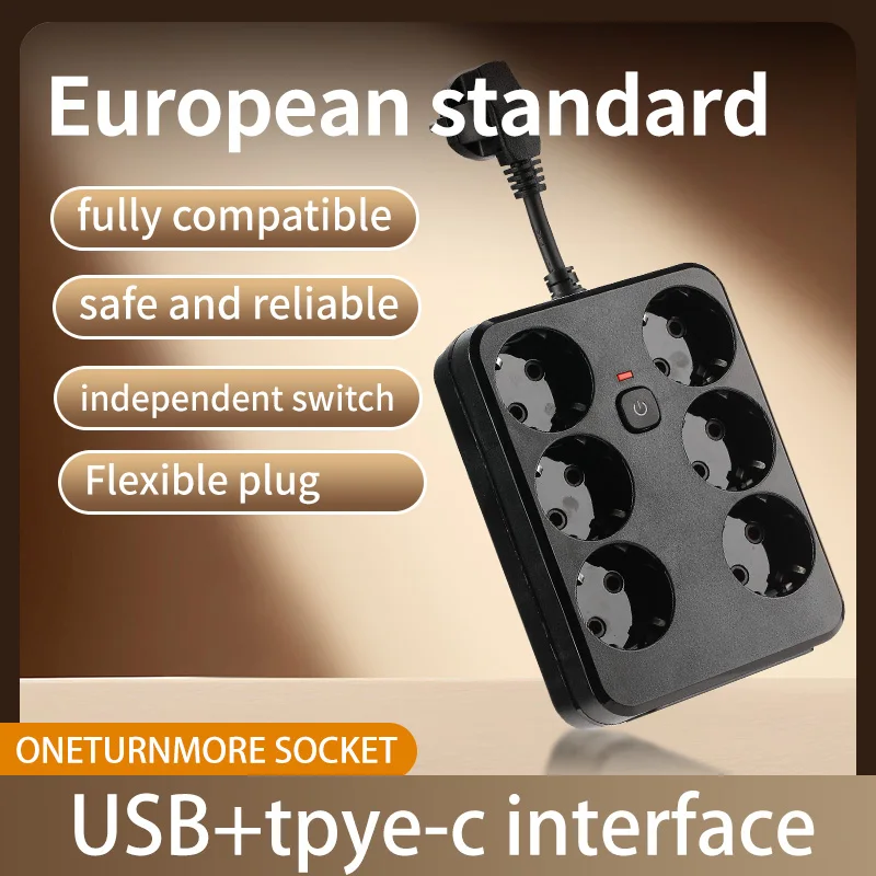 EU-Steckdosenleiste mit 6 AC-Steckdosen, 2 USB-Anschlüssen und 1 Typ-C-Ladeanschluss, elektrische Steckdosenverlängerung für Zuhause Image