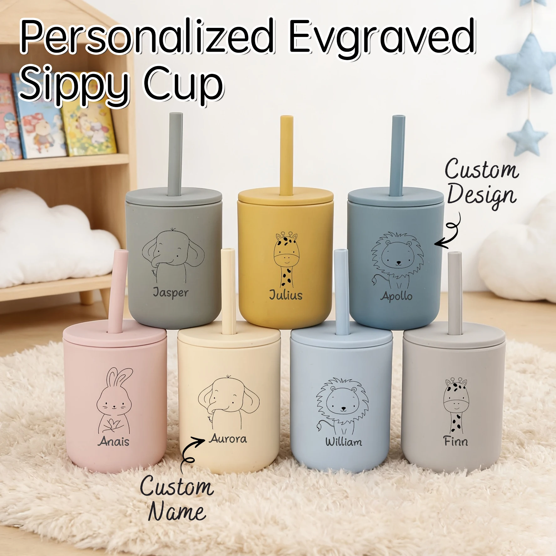 1 Stück Individuell Gravierter Silikonbecher 7oz, Auslaufsicherer Trinkbecher mit Strohhalm, Personalisierter Kleinkind-Trainingsbecher, Geschenk zur Babyparty oder Geburtstag Image