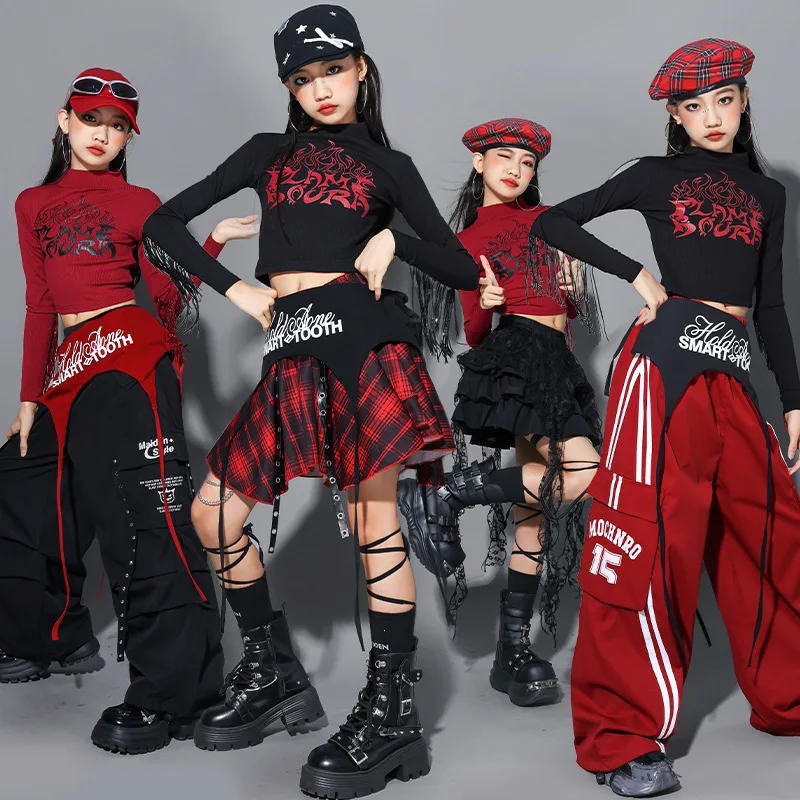 Jazz Dance Kleidung Mädchen Kpop Bühne Outfit Rot Crop Top Schwarz Shorts Kinder Leistung Anzug Hip Hop Street Dance Outfit