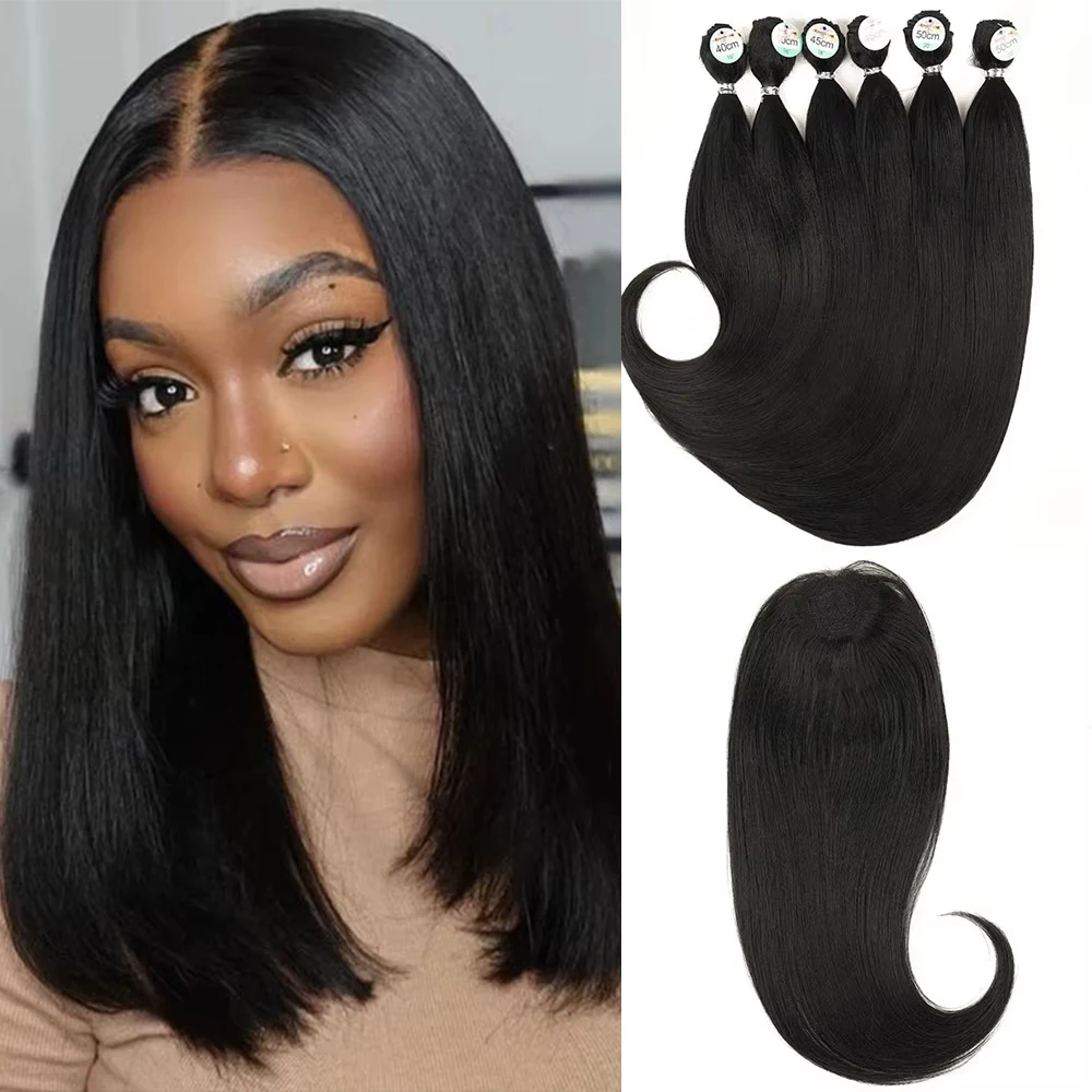 Synthetische glatte Haarverlängerung, schwarz, 16, 18, 20 Zoll, 6 Bündel mit Verschluss, Hochtemperaturfaser-Haarverlängerung für Frauen Image