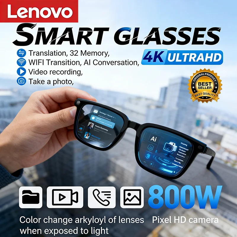 Lenovo 2026 Neue KI-Smart-Brille mit KI-Übersetzung, 8MP HD-Kamera, 4K-Aufnahme, Bluetooth-Anruffunktion, Bildaufnahme, Musikwiedergabe, Smarte Sonnenbrille Image