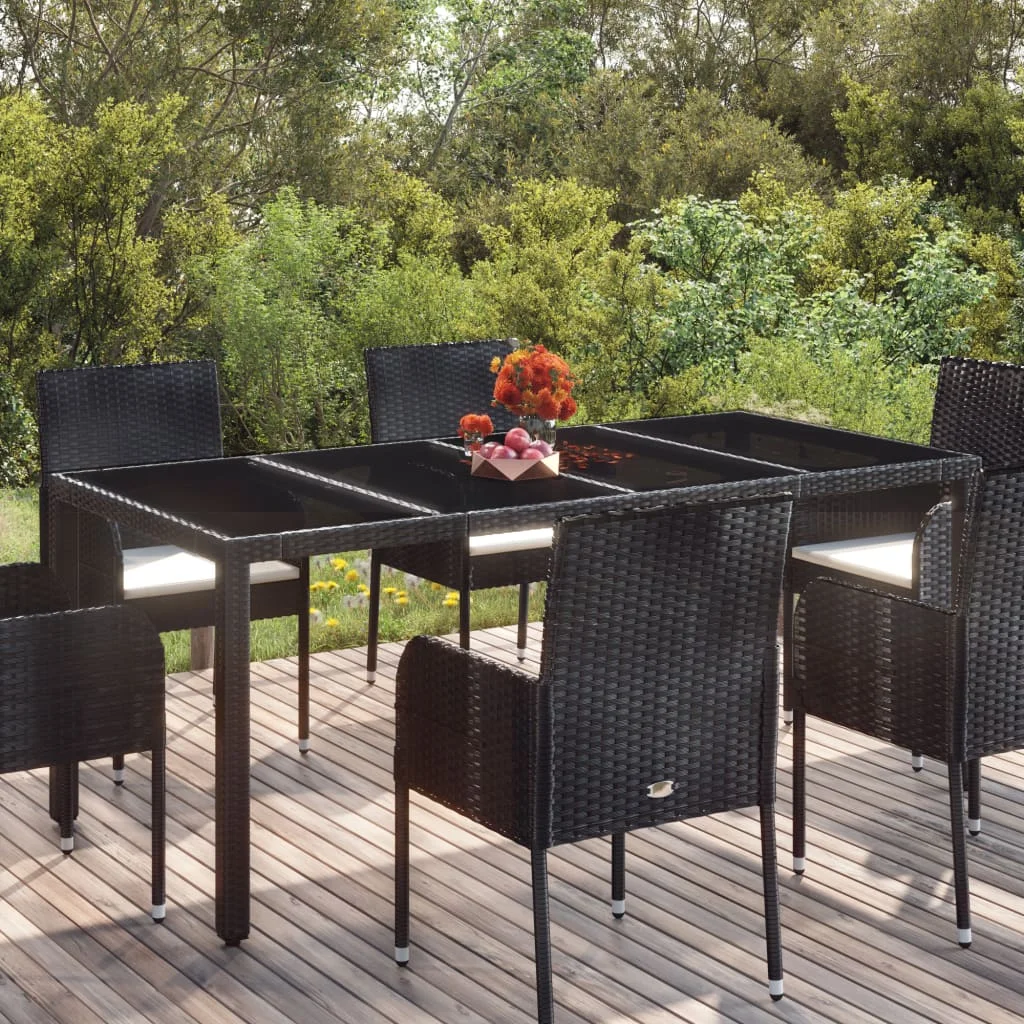 Gartentisch mit Glasplatte, schwarz, 190x90x75cm, aus geflochtenem Kunstharz. Moderner Gartentisch aus Holz für Terrasse und Hof (nur Tisch)