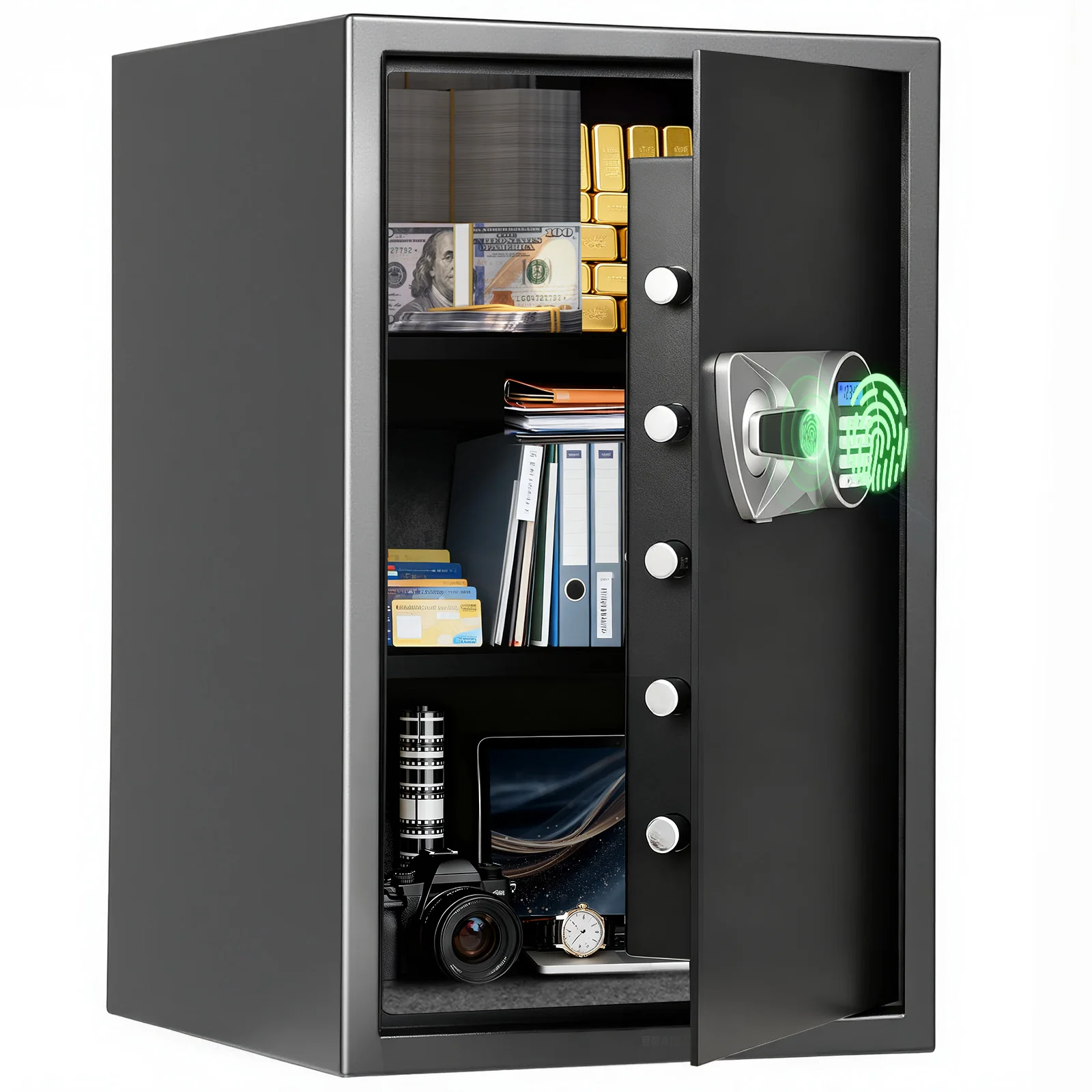 SF0609 H60 Fingerabdruck-Tresor mit Fingerabdruckerkennung, Doppelalarmsystem, Schlüsseln, Tastenfeld-Schloss und LCD-Display für Schmuck