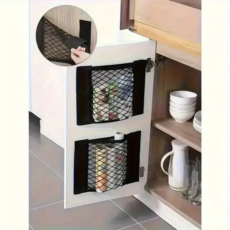 1/2 Stück Wandmontierte Küchenschrank-Tür Aufbewahrungstaschen Netz-Müllbeutel Kunststoff-Spender Kleinteile-Organizer Netz Auto-Kofferraum-Organizer