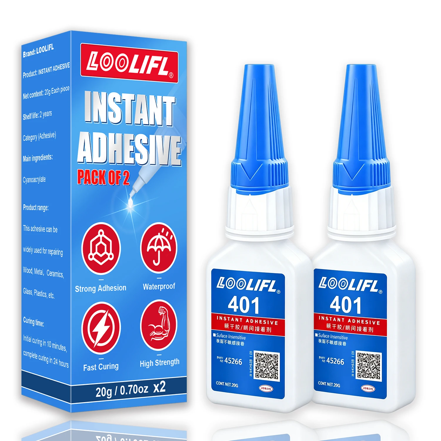 LOOLIFL 401 Cyanacrylat-Sekundenkleber 20g*2, Industriequalität Superkleber, Verbindungsmittel für Metall, Kunststoff, DIY, Heim- und Autoreparatur Image