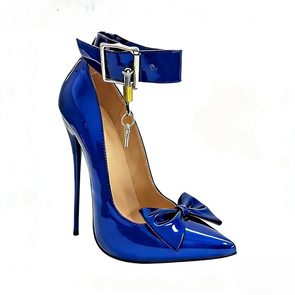 Riemchen-Stilettos mit 16 cm hohen Absätzen, Damen-Pumps aus Lackleder, sexy Party-Schuhe mit Schleife, spitze Zehenpartie, Größe 46, individuelle Farben in Leopardenoptik