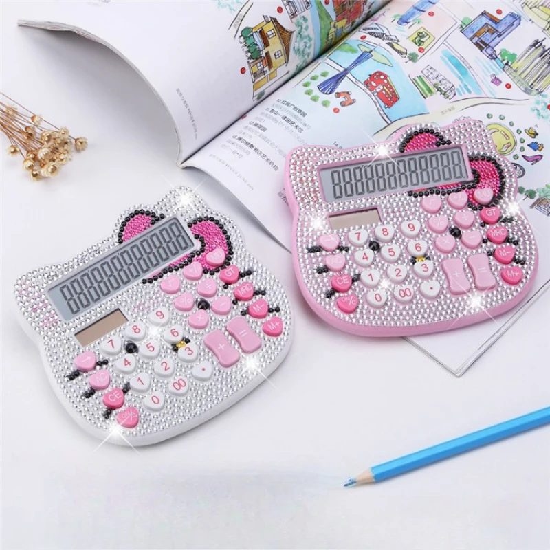 Sanrio Hello Kitty Strass-Diamant-Taschenrechner, Solarbetrieben, Rosa Taschenrechner mit Herz-Tasten, Kreative Elektronische Geschenke