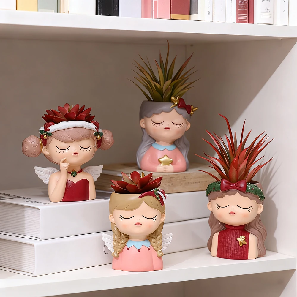 Nette Cartoon Mädchen Harz Blumentopf Desktop Landschaft Topfpflanze Vase Garten Sukkulenten Behälter für Büro Dekor Image