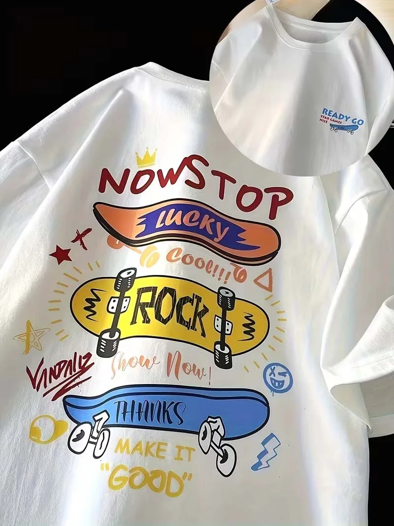 Graffiti-Skateboard-Grafik-Kurzarm-T-Shirt, trendiges bedrucktes lässiges Rundhals-T-Shirt, Sommer-Streetwear-Oberteil, modische Alltagskleidung