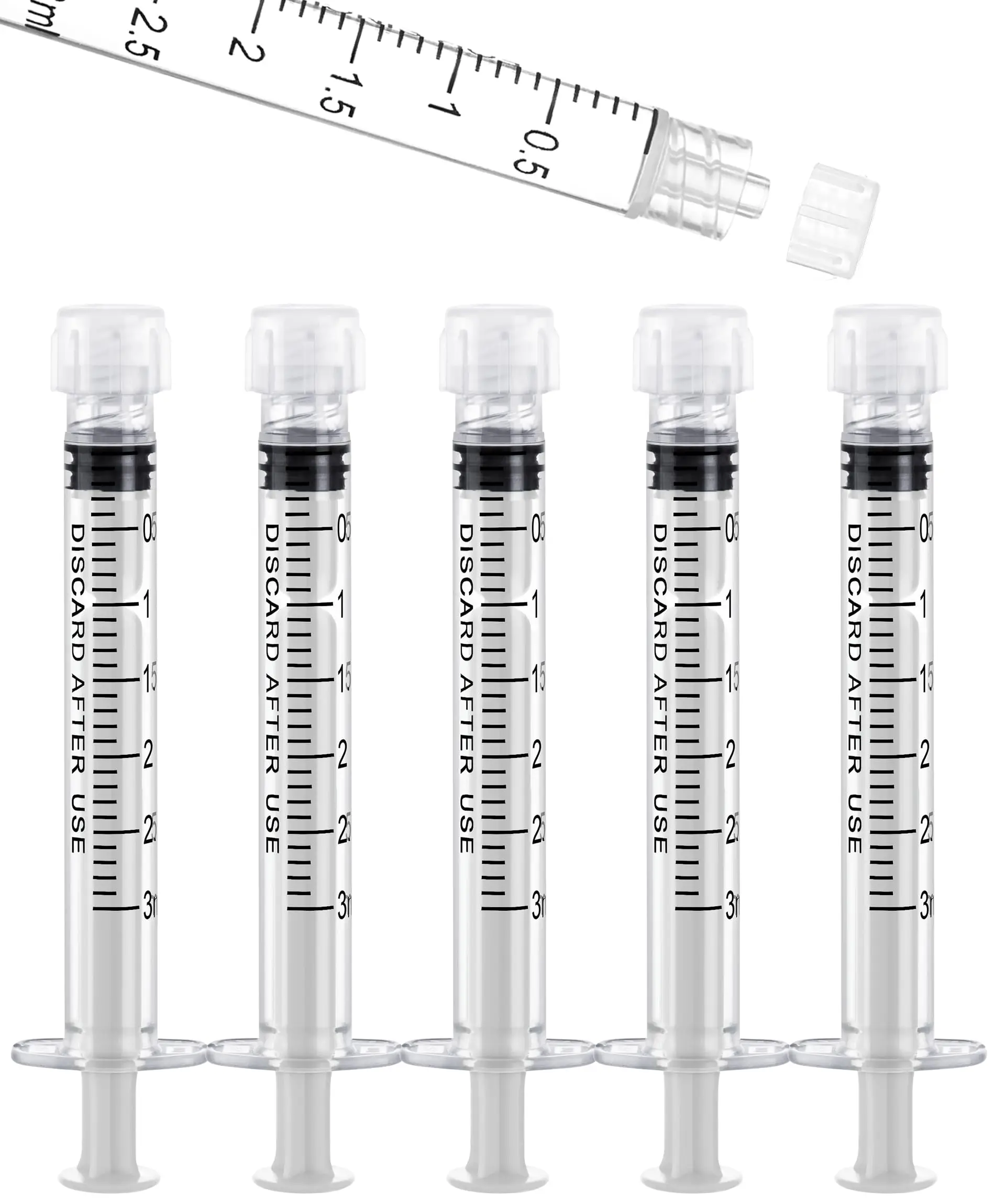 100er-Pack 3 ml/cc Luer-Lock-Spritze ohne Nadel, Kunststoffspritze mit Kappen für Flüssigkeiten, steril, einzeln verpackt Image