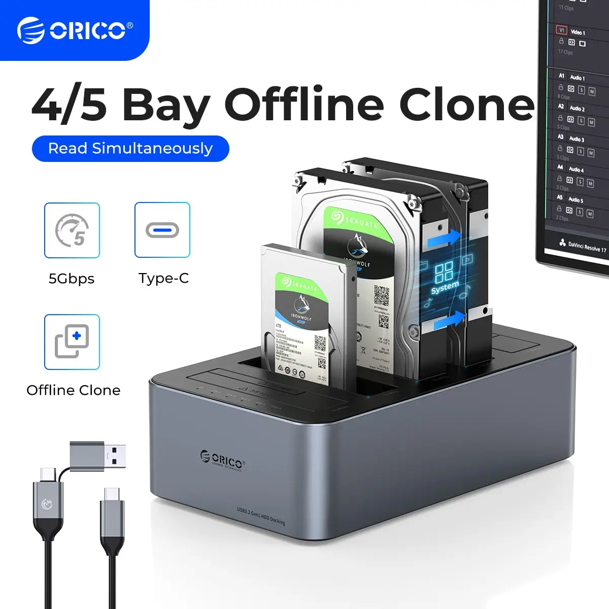 ORICO 4 5 Bay Aluminium-Festplatten-Dockingstation Typ-C 5Gbps mit Offline-Klonfunktion 2,5/3,5 Zoll HDD-Gehäuse Verbesserte Wärmeableitung Image