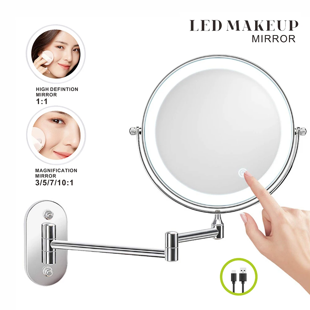 8-Zoll-Make-up-Spiegel, verchromt, 3x/5x/7x/10x Vergrößerung, doppelseitig, USB-Aufladung, Badezimmer, 3-Farben-Licht, intelligenter Kosmetikspiegel