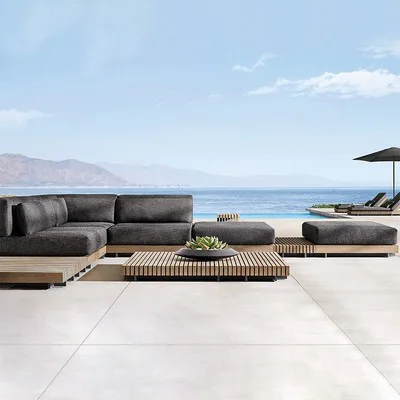 # Luxuriöses Wasserdichtes Modernes Gartenmöbel-Set Rattan-Seil Korbgeflecht Feuerstelle Terrassen-Sofa Sektional Teakholz