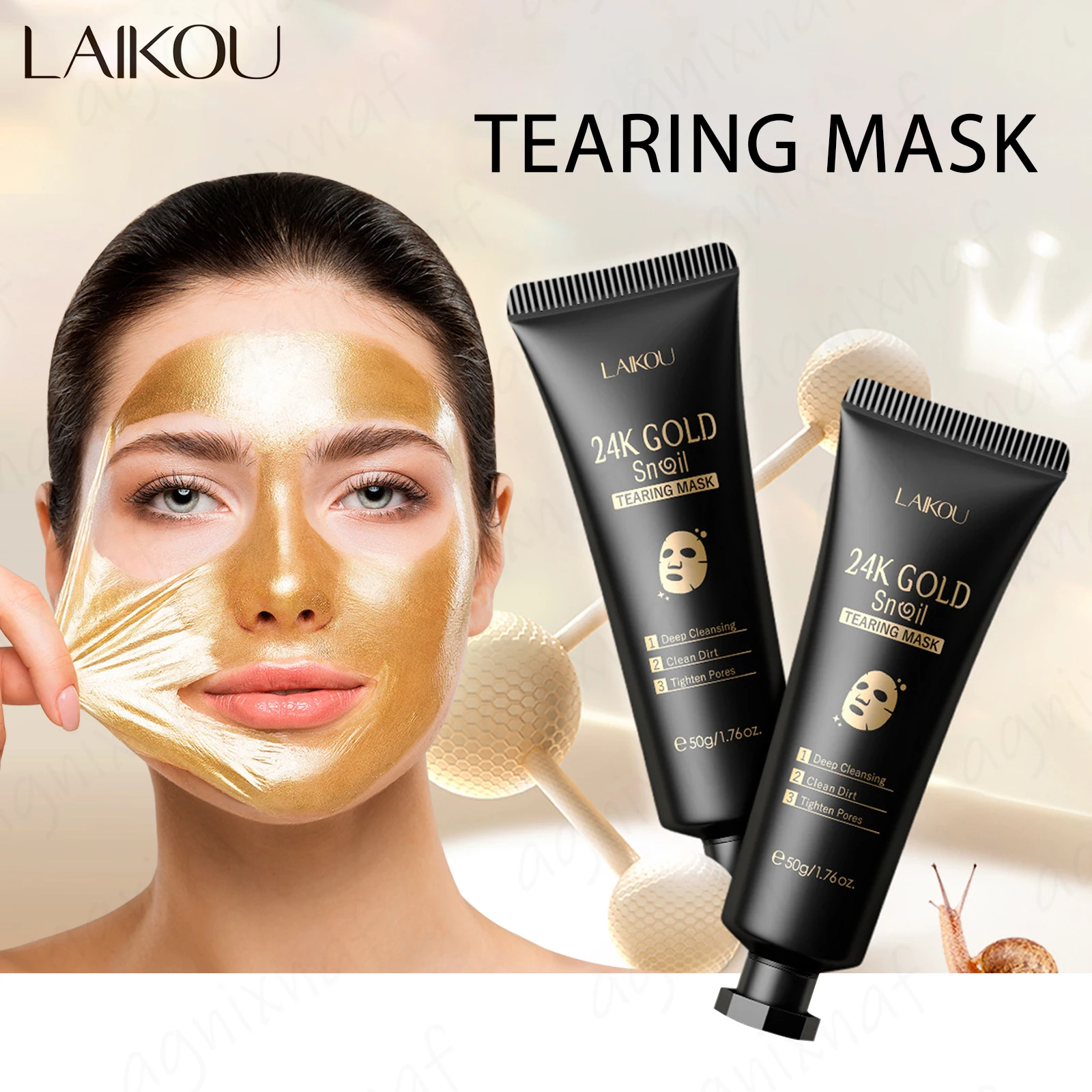 LAIKOU 24K Gold Schnecken-Kollagen Peel-Off Maske 50g Tiefenreinigung Ölkontrolle Porenverkleinerung Feuchtigkeitsspendende Gesichtsmaske Hautpflege Kosmetik Image