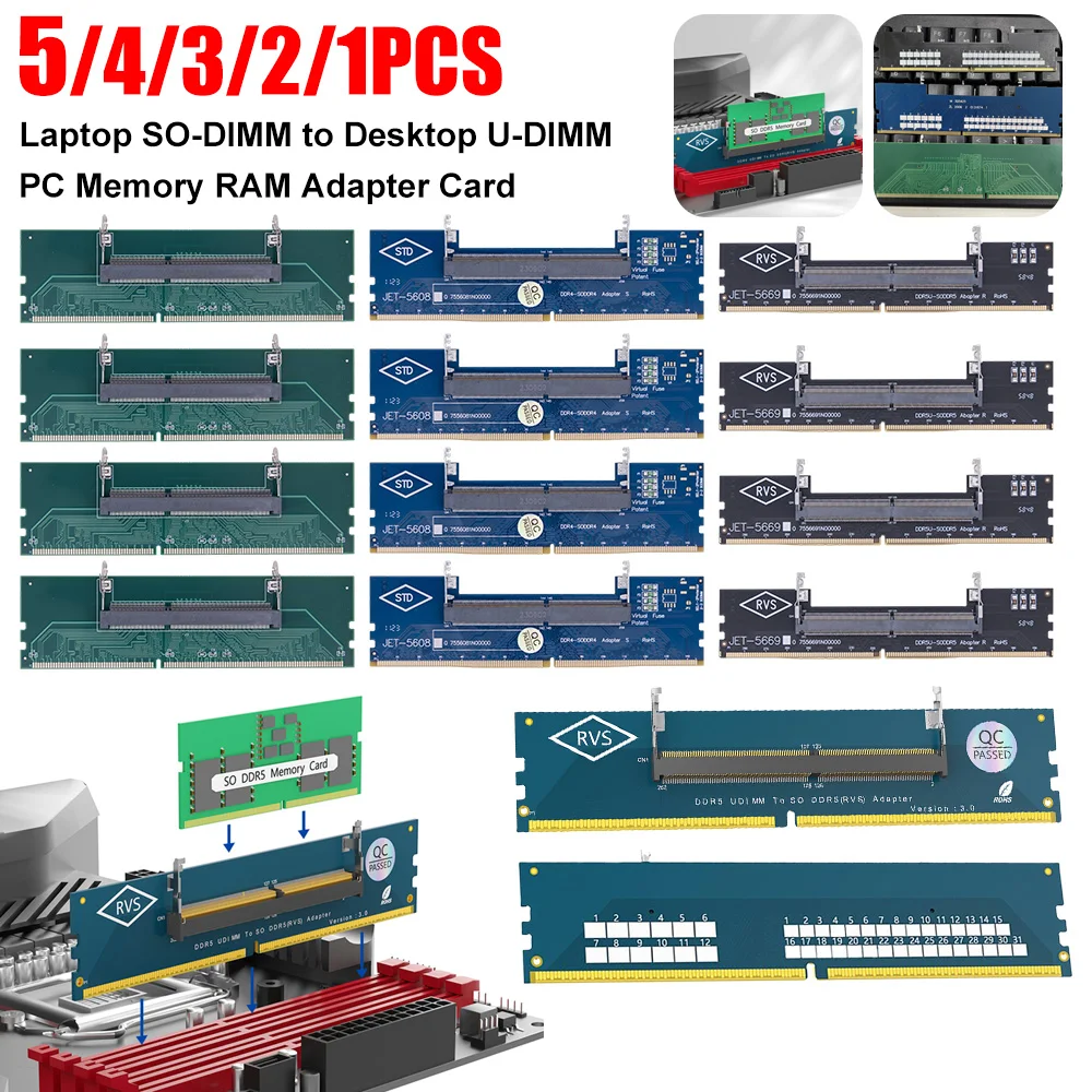 5/4/3/2/1 Stück Laptop-zu-Desktop-Speicheradapter-Karte DDR5 DDR4 DDR3 Notebook SO-DIMM zu Computer U-DIMM Speicher-RAM-Konverterkarten Image