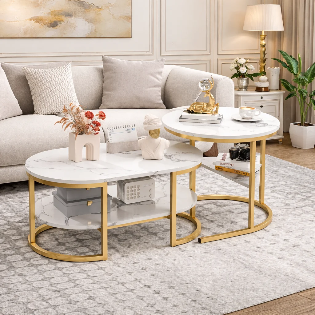 Couchtisch 2er Set Rund, Satztisch mit Stauraum, Wohnzimmertisch 2 in 1, Marmor Optik Couchtisch, Metallgestell Sofatisch, Beistelltisch Set Modern, Nesting Tisch Platzsparend Wohnzimmer Schlafzimmer