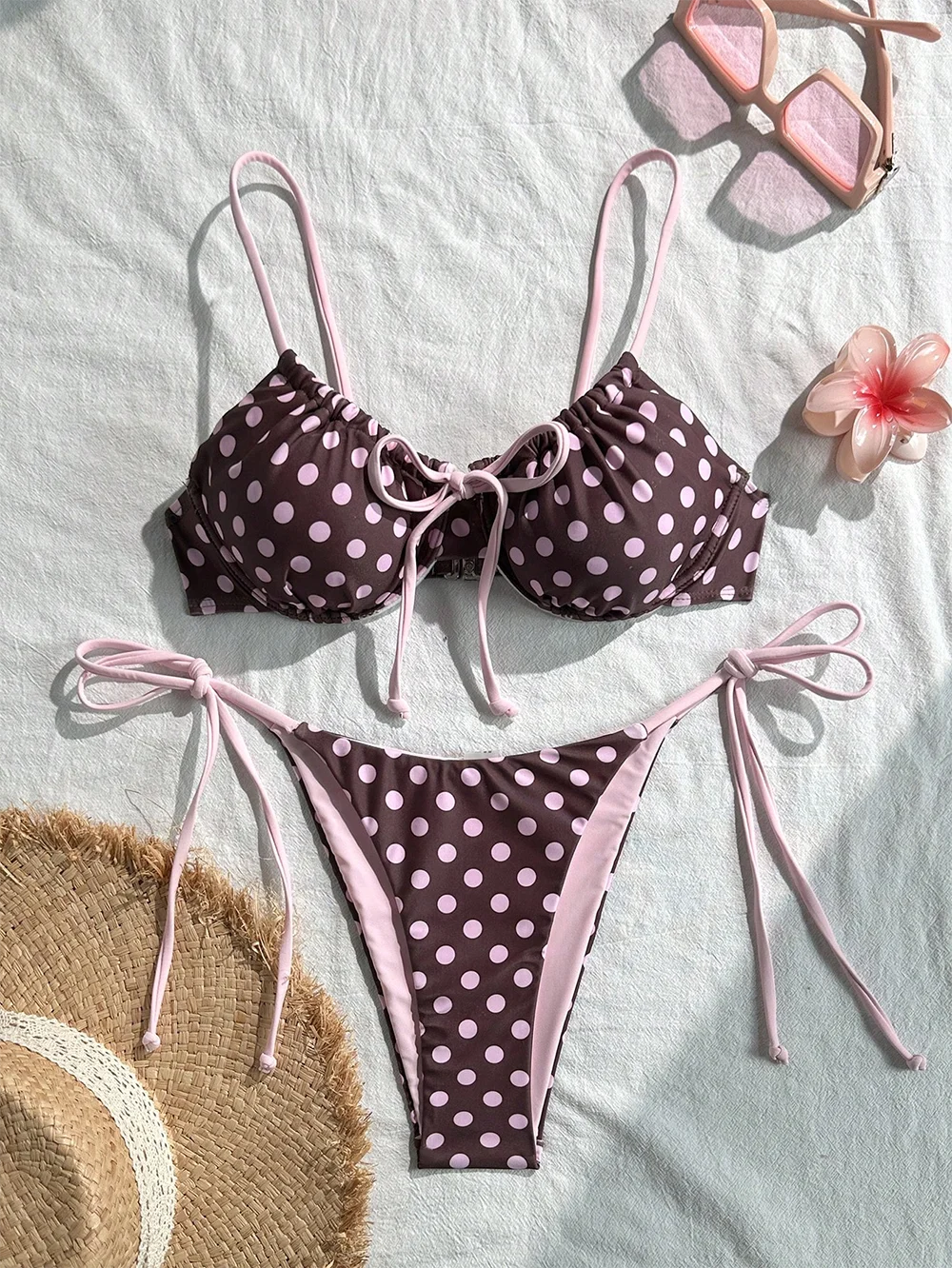 Vintage Braun-Rosa Gepunktetes Bikini-Set für Damen, Sommer 2026, Seitlich Gebundener High-Cut Badeanzug, Zweiteiliger Badeanzug Image