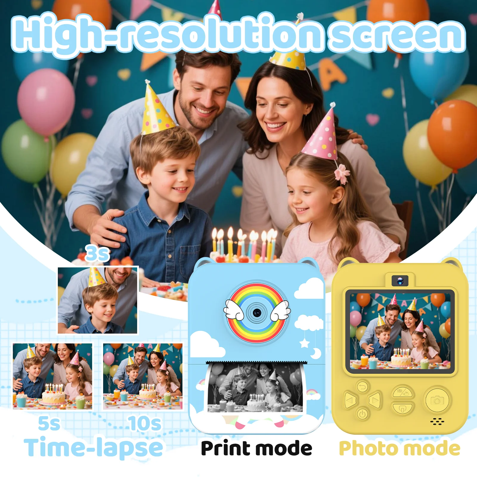 Kinder-Sofortbildkamera mit 1080P HD-Auflösung, Blitz, 2,4-Zoll-IPS-Display, Cartoon-Regenbogen-Pony-Design, inklusive 3 Rollen Druckpapier. Image