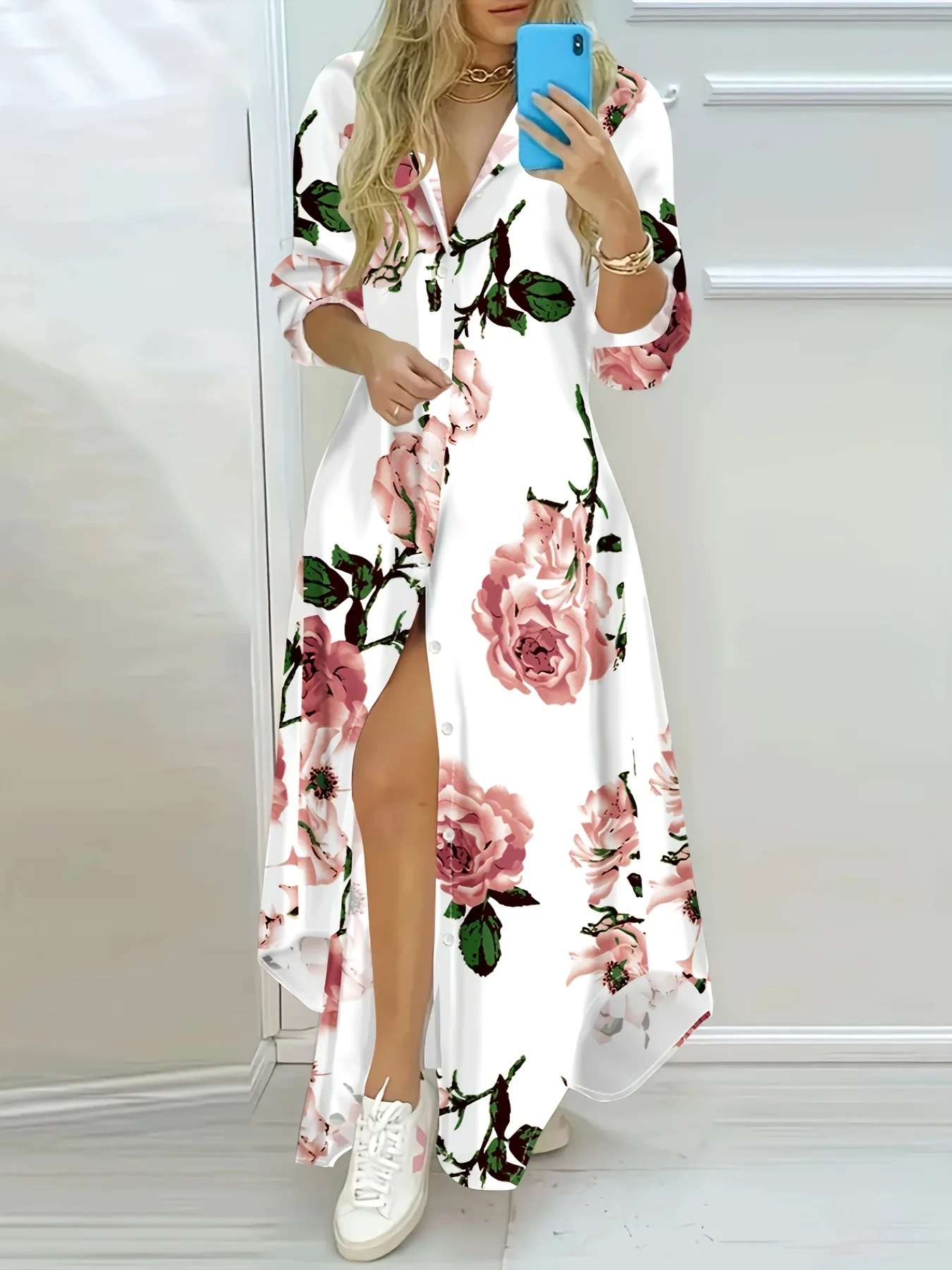 Damen-Kleid mit langen Ärmeln und Blumendruck, Urlaubsstil, rosa Sommerkleid, lässiges A-Linien-Kleid, leichtes, fließendes Kleid für Damen Image