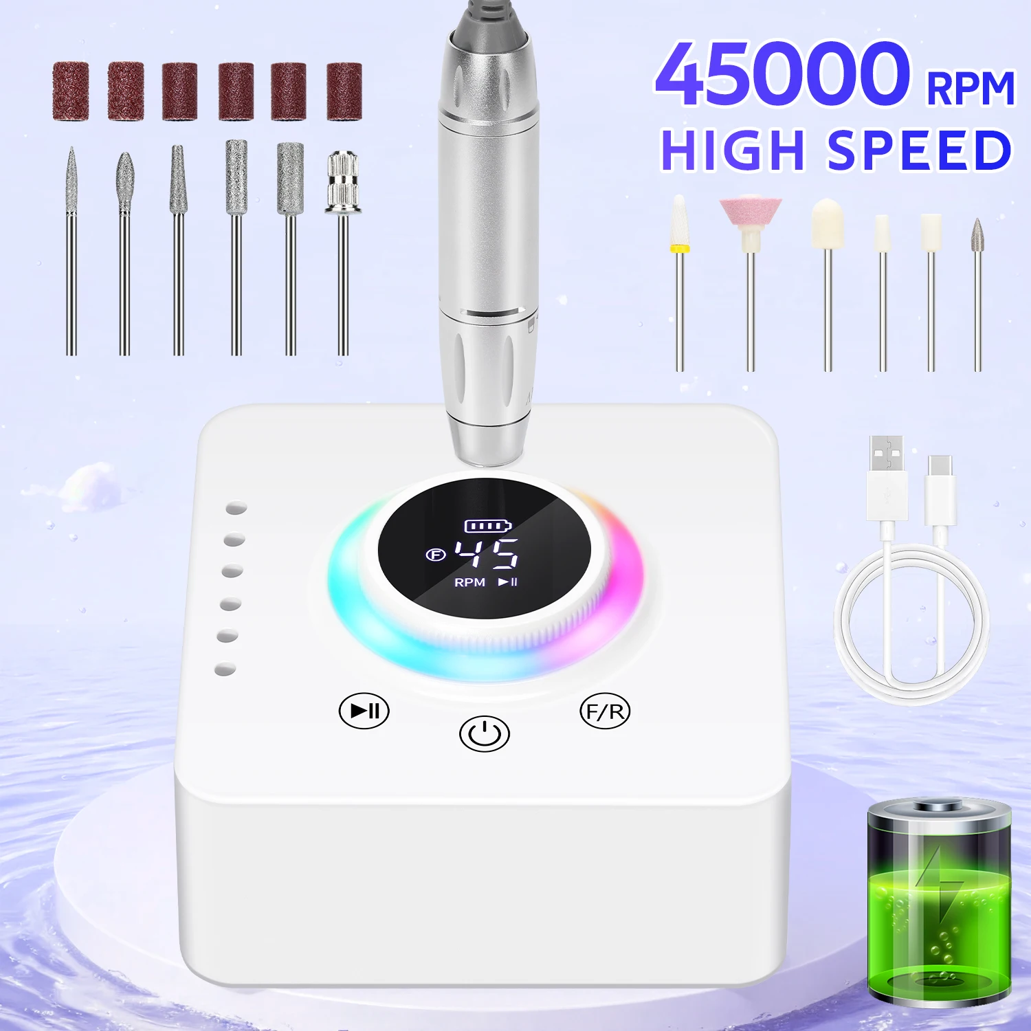 Tragbare Nagelbohrmaschine mit 8 Farblichtern, 45000 U/min, 36 W, LCD-Display, wiederaufladbarer USB Typ C – Grün/Rosa/Weiß Image
