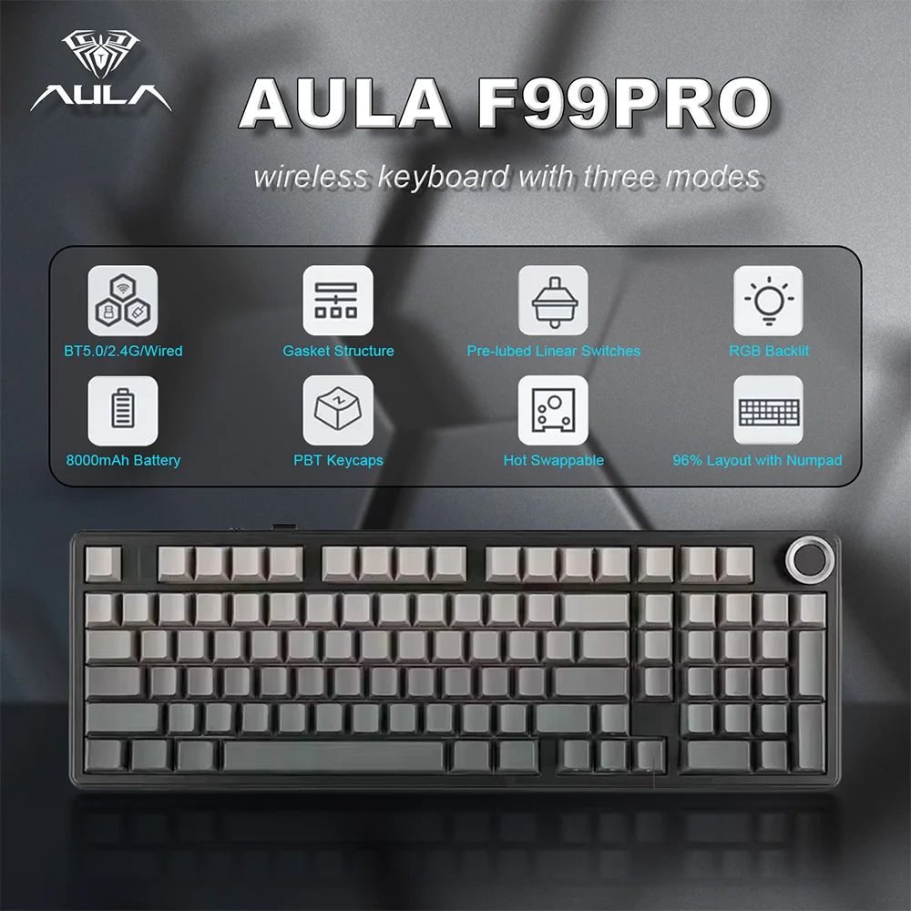 AULA F99 PRO Kabellose Gaming-Tastatur mit 99 Tasten, Hot-Swap-fähiger Gasket-Struktur, 96% Layout, 8000mAh Akku und Drehregler Image