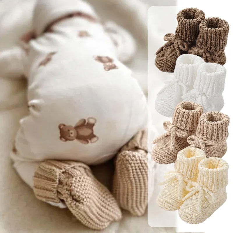 Neue Niedliche Baby-Socken mit Schleifenriemen Gestrickte Kleinkinderschuhe Woll-Krabbelsocken für Babys Image