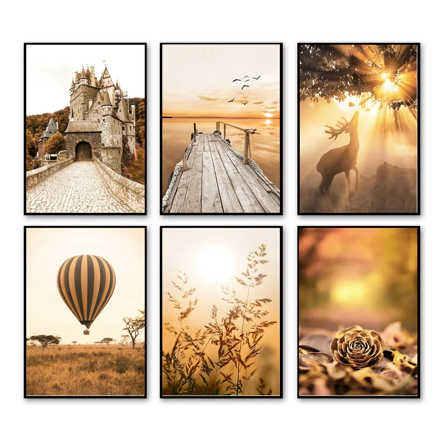 1 Stück rahmenlose Leinwandmalerei, Herbst, Hirsch, Schloss, gefallene Blätter, Poster, Pier, Pflanze, Wald, Drucke, Wandkunst, Bilder, Leinwandmalerei