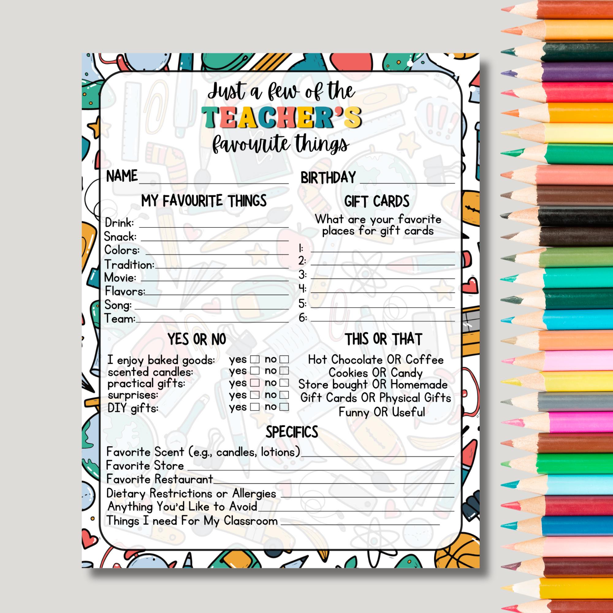 Lista delle cose preferite dagli insegnanti (stampabile), Questionario per la settimana di apprezzamento degli insegnanti, Regalo per insegnanti, Tutt