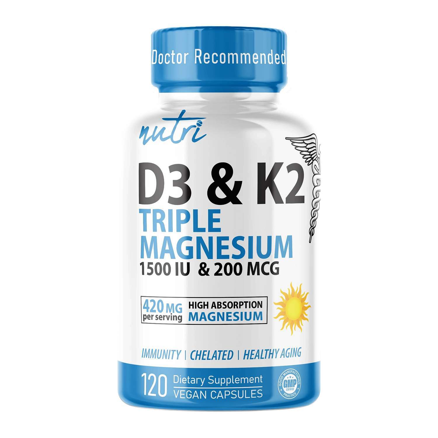 D3 & K2 Triple Magnesium Healthy - 120 Vegan Capsules (30 Servings)