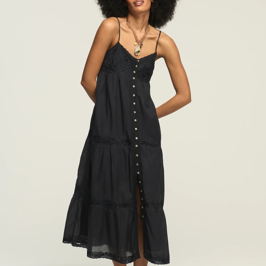 Lucky Brand Embroidered Tiered Button Through Midi Dress - Women's Clothing Dresses Shirt Midi Dress in India Ink, Size L