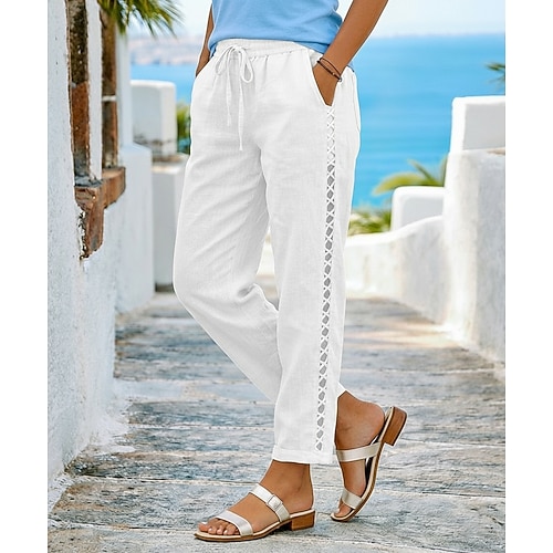 Damen Hose aus Baumwollleinen Freizeithose Hosen Hose Urlaub Basic Alltagstauglich Volle Länge Mittlere Taillenlinie Einfach Kordelzug Seitentaschen Ausschnitt Atmungsaktivität Bequem Atmungsaktiv Image