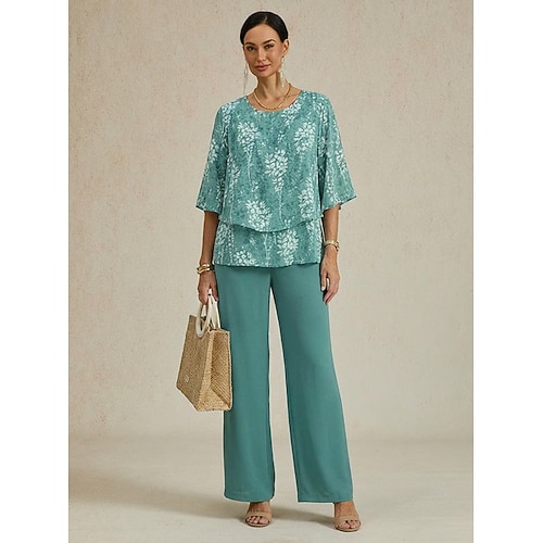 Chiffon-Hosen-Set für Damen mit halben Ärmeln, Rundhalsausschnitt und Blumenmuster, ideal für Hochzeiten und elegante Anlässe. Image
