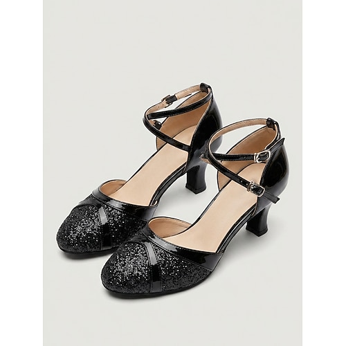 Blaue Damen-Balletttanzschuhe – Glitzer, geschlossene Zehenpartie, Latein Standard-Tanzschuhe mit Knöchelriemen Image