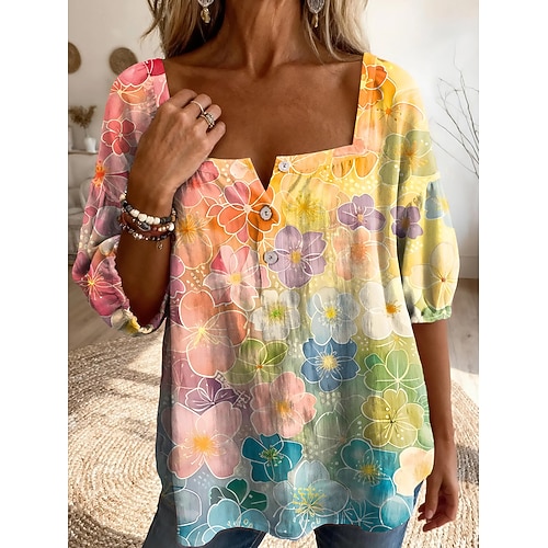 Damen Bluse Druck Blumen Grafik Täglich Stilvoll Lässig Halbarm Quadrathals Normale Oberteile Lässig Täglich Blau Gelb Rote Purpur Sommer Frühling Image