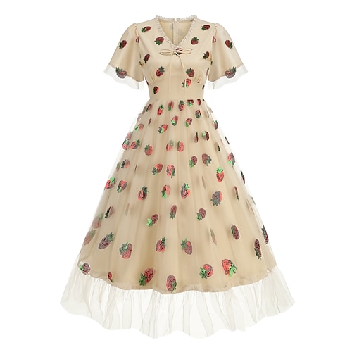 1950er Retro Vintage Midlänge Kleid Swing-Kleid Ausgestelltes Kleid Kurze Ärmel Bestickt Erdbeere Tailliert und ausgestellt Schaukel V Ausschnitt Kostüm Damen Valentinstag Lässig Abendgesellschaft Image