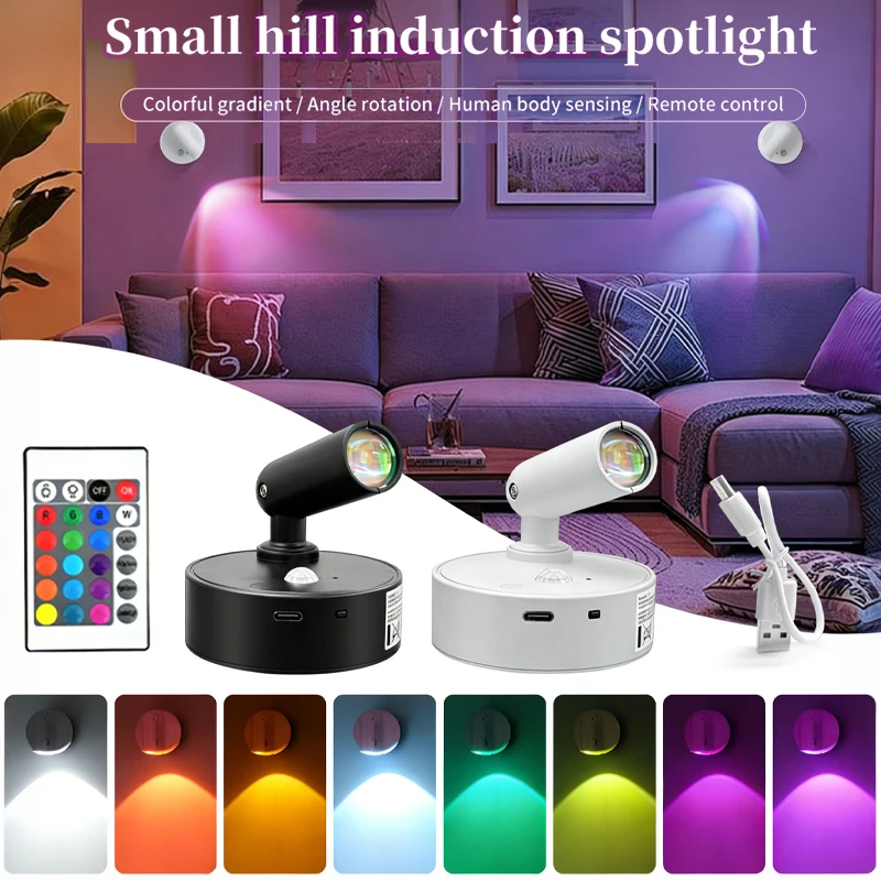 LED-Wandleuchte, magnetischer, über USB wiederaufladbarer Strahler, Touch-Dimmung, Fernbedienung, LED-Strahler, 3 Farben/RGB, Nacht-Ambientelampe
