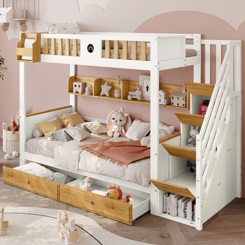 Multifunktionales Kinder-Etagenbett 90×200cm, 2 Schubladen & offenes Regal, Fallschirm-Sicherheitsgitter, viel Stauraum, Kinderbett