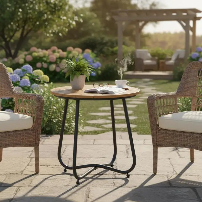 Table de jardin Outsunny, table ronde, mobilier de jardin élégant, robuste, pieds réglables, décorative, jardin, terrasse, salon, base en acier, marron, 49 x 48H cm