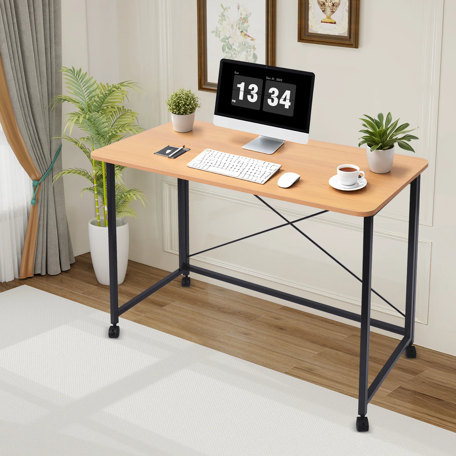 4 abschließbare Universalräder, klappbarer Schreibtisch, 29,53 Zoll, komfortable Höhe, abgerundete Ecken, Schnappverschluss für sicheren, stabilen Gebrauch Image