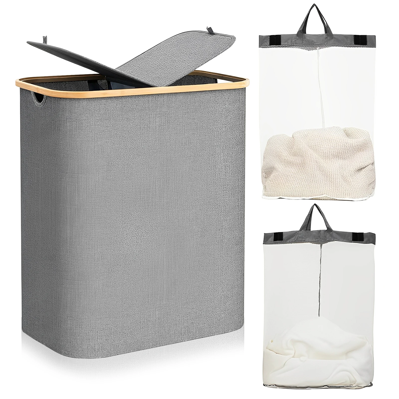 Wäschebox 150L Faltbar – Bambus Fabric Wäschekorb mit Deckel, 2-Fächer Wäschesammler im japanischen Stil, 57x37x70cm