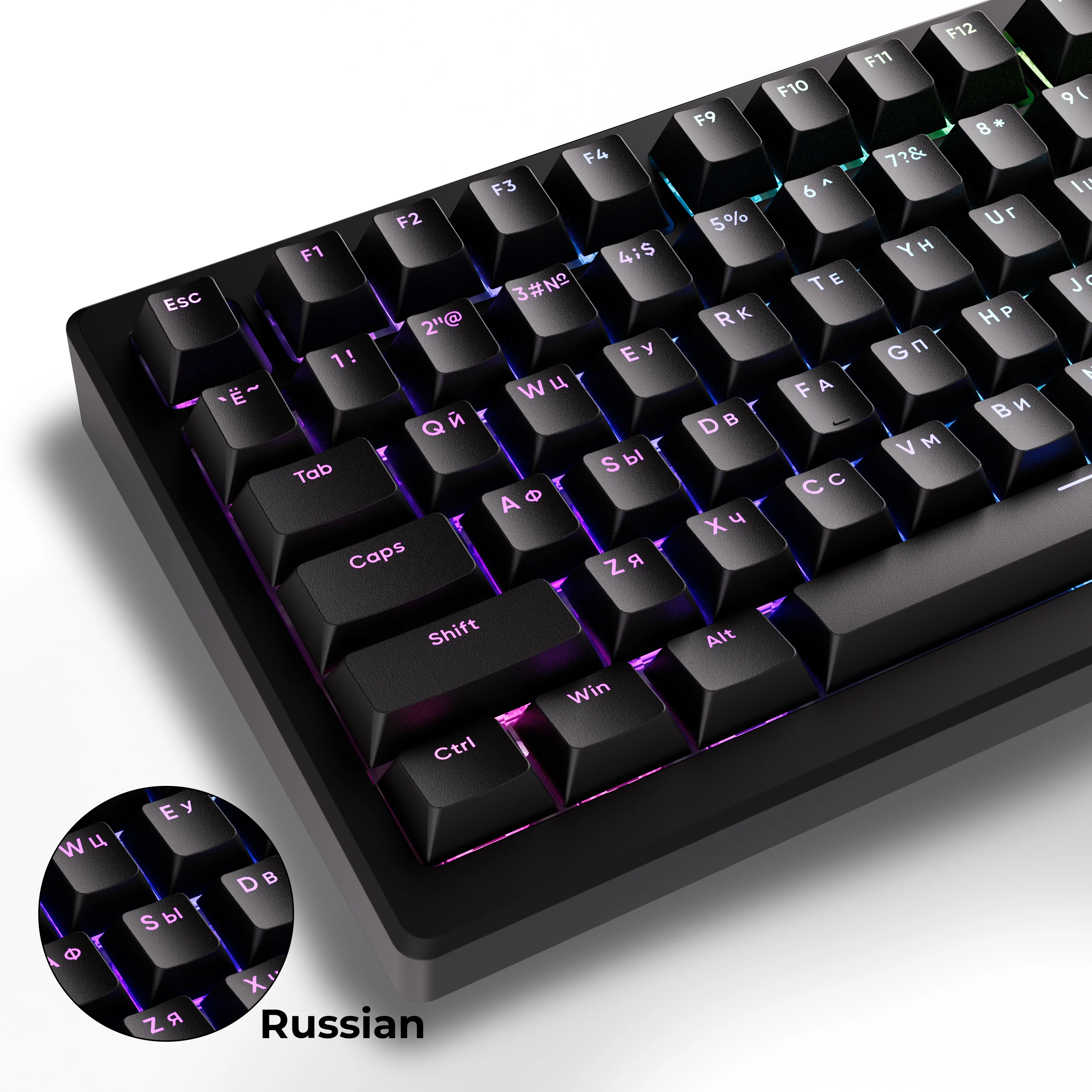 Russische schwarze Tastenkappen, 133 Tasten, oben bedruckt, durchscheinende PBT-Tastenkappen für nach Norden gerichtete RGB-Tastatur, Cherry-Profil, weiße Tastenkappe Image