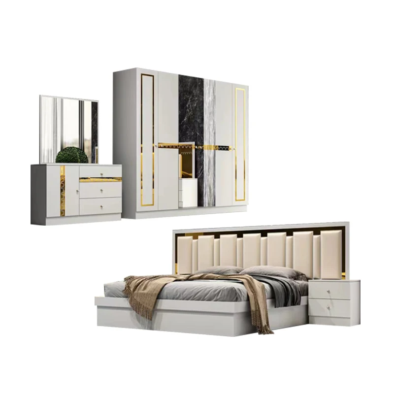 Komplettes Schlafzimmer-Set aus Holz und MDF, Kingsize-Bett, Doppelbettgestell, Modernes Luxus-Schlafzimmermöbel-Set